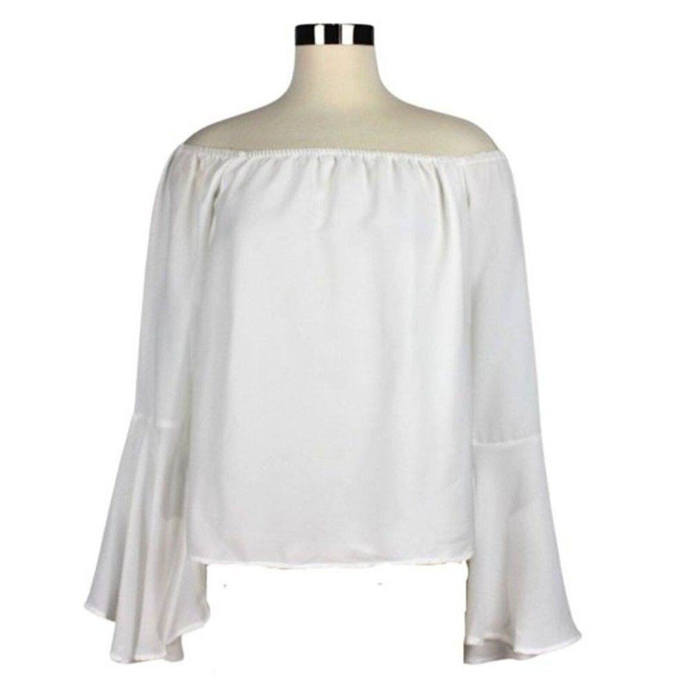 Top Off Shoulder Long Bell Sleeve Elastic Neckline Front is Lined White Size Med